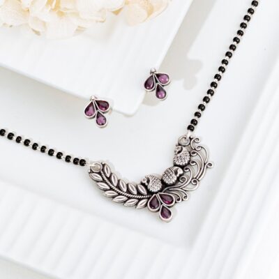 Violet Stone Peacock Motif Antique Mangalsutra Set (Silver)