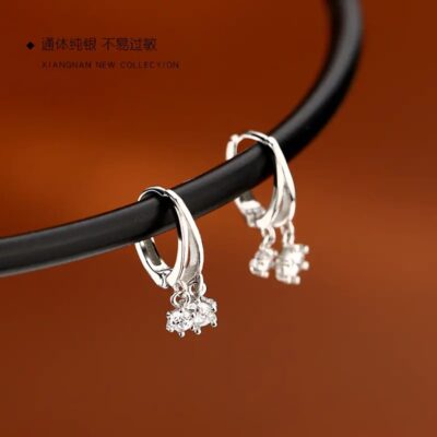 Sterling Silver Hoop Earrings with Dangle Crystal Charm (Minimal Elegant Design)