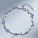 Blue Crystal Wave Link Bracelet in Sterling Silver (Elegant Adjustable Design)