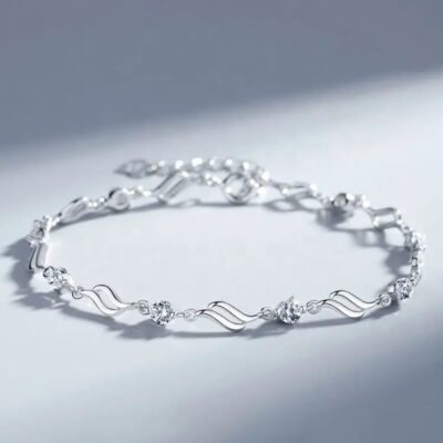 Silver Wave Link Bracelet with Crystal Accents (Minimal Elegant Design)