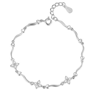 Silver Heart & Butterfly Charm Bracelet with Crystal Accents (Elegant Adjustable Design)